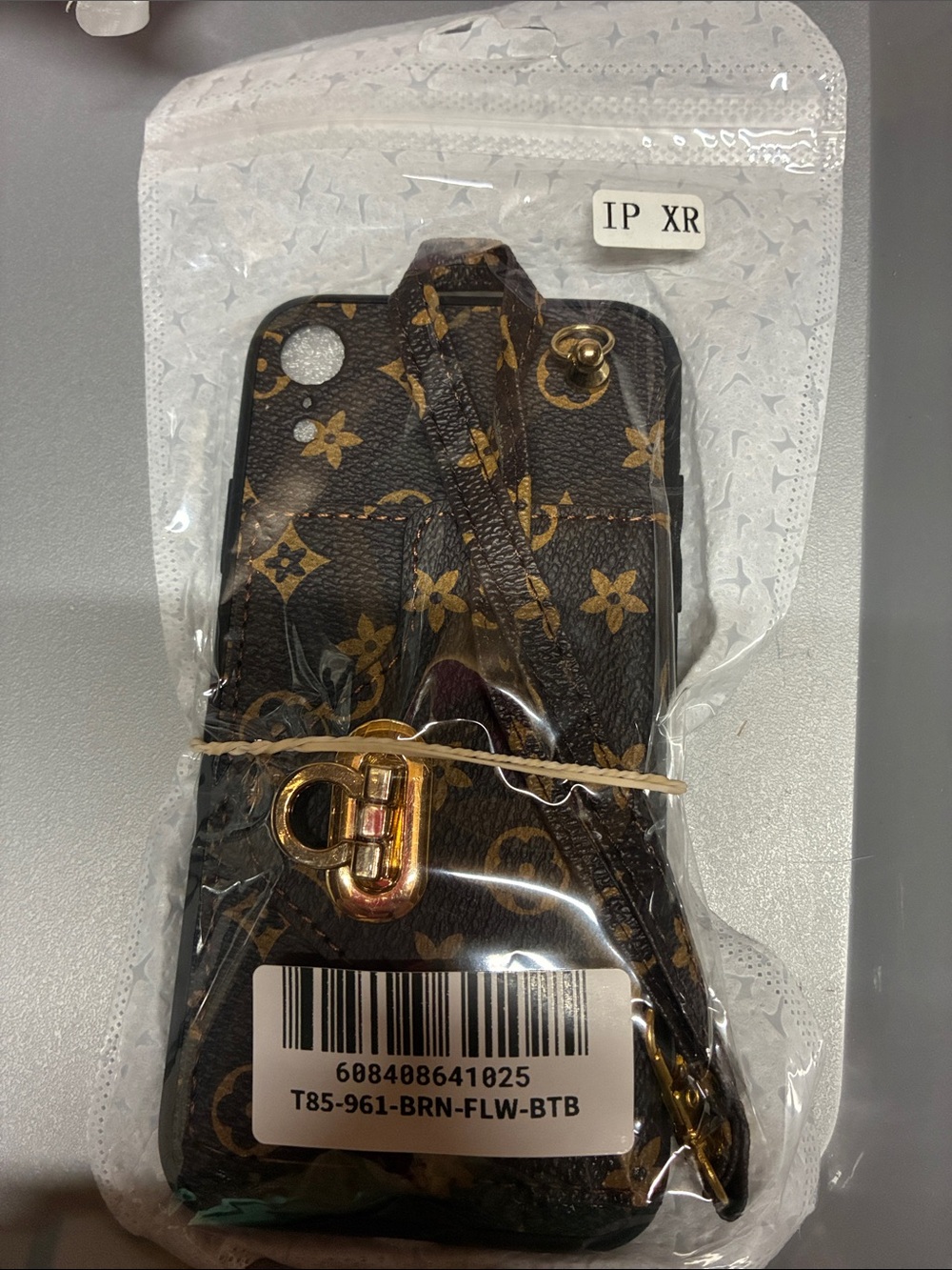 Brown & Gold Monogram Style iPhone XR Case with Strap